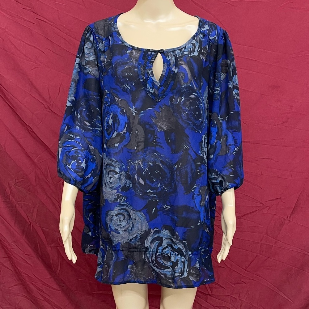 Black and Blue Rose Balloon Sleeve Sheer Tunic Size 2X